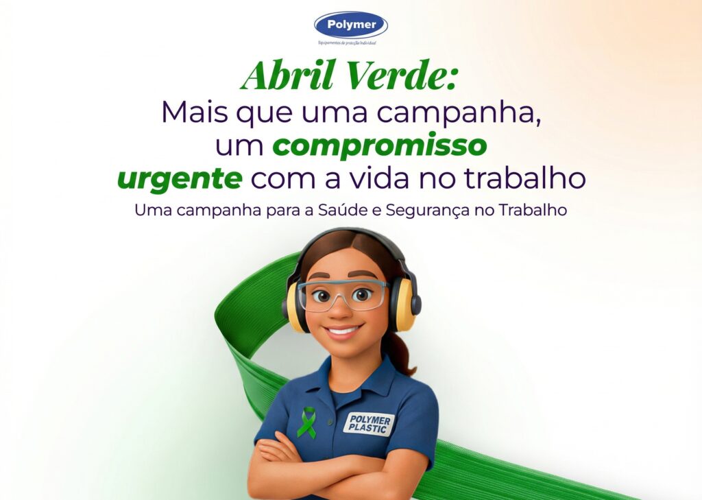 Imagem apresenta um avatar feminino, ela tem pele negra e no fundo tem um texto sobre a campanha do mês de Abril, o Abril Vede - para prevenção de acidentes no trabalho